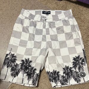 Abercrombie Kids Gray Checkered swim Shorts with Palm Tree Design